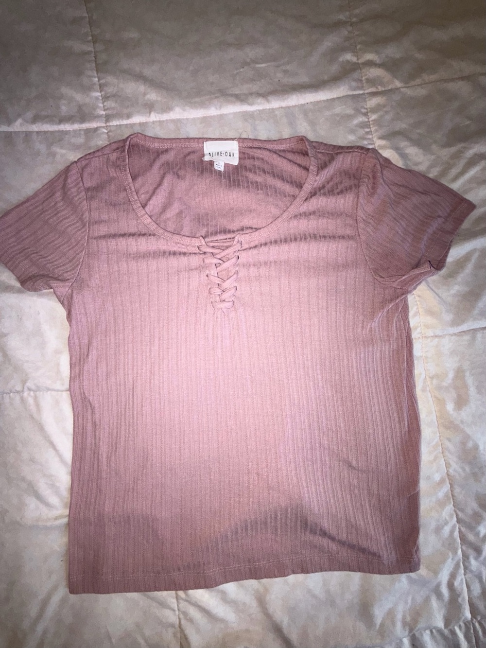 Olive & Oak Women's Lace-Up Ribbed Short Sleeve Top - Dusty Rose - L
